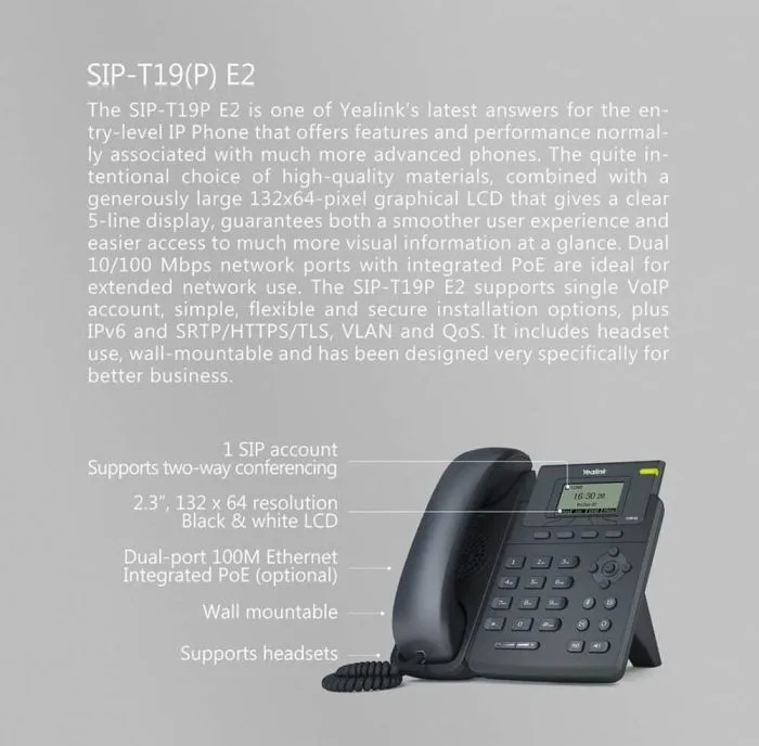 Yealink YEA-SIP-T19P-E2 Entry-level IP phone 1 Lines HD voice PoE LCD - Image 3